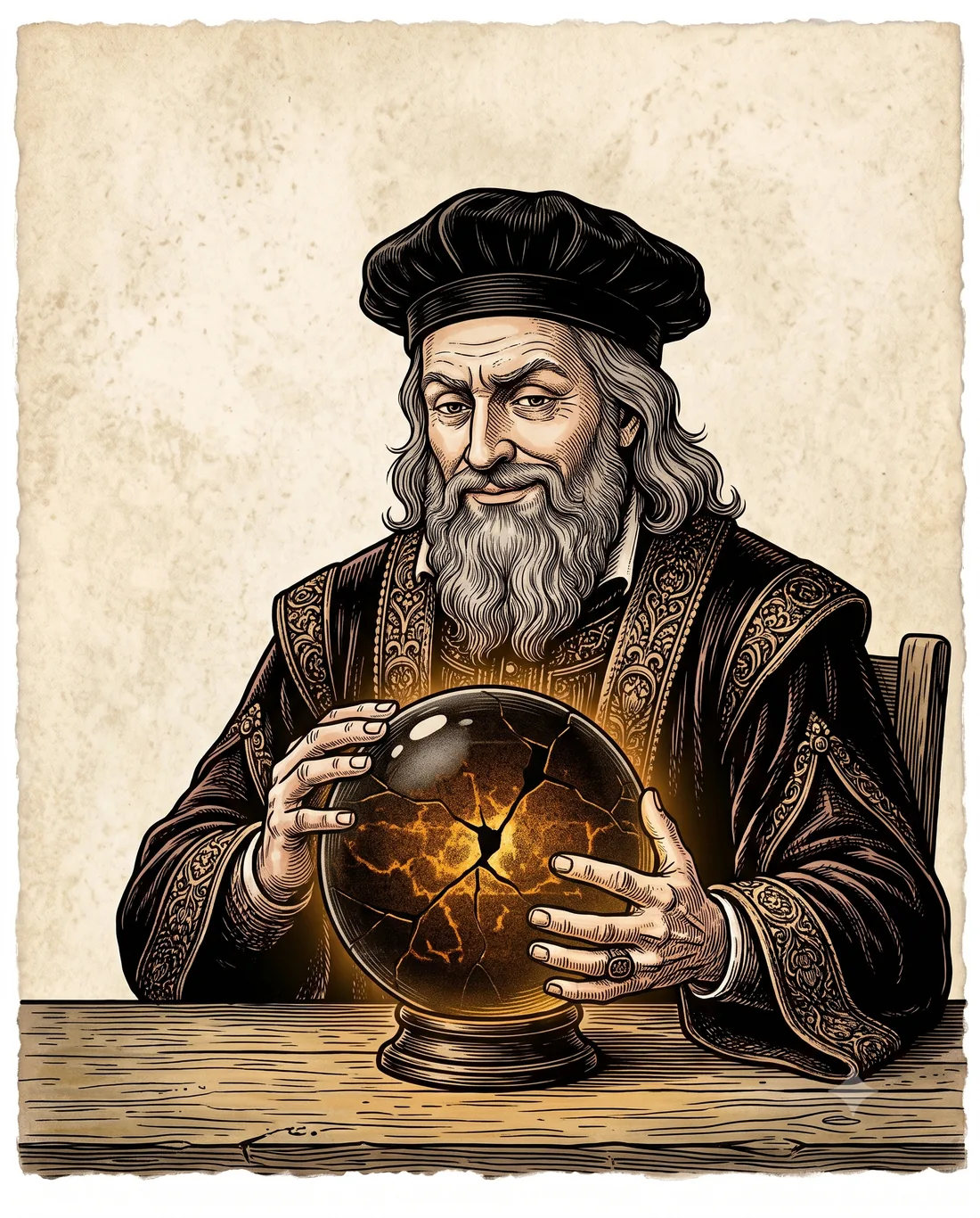 Portrait of Nostradamus, holding a betting slip